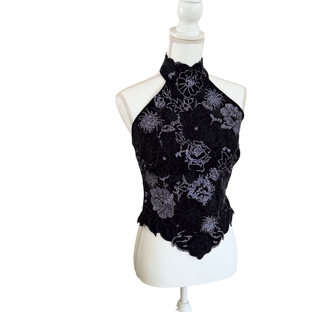 Vintage Tadashi Shoji Vintage Black Silver Beaded Halter Top Floral Evening Y2K